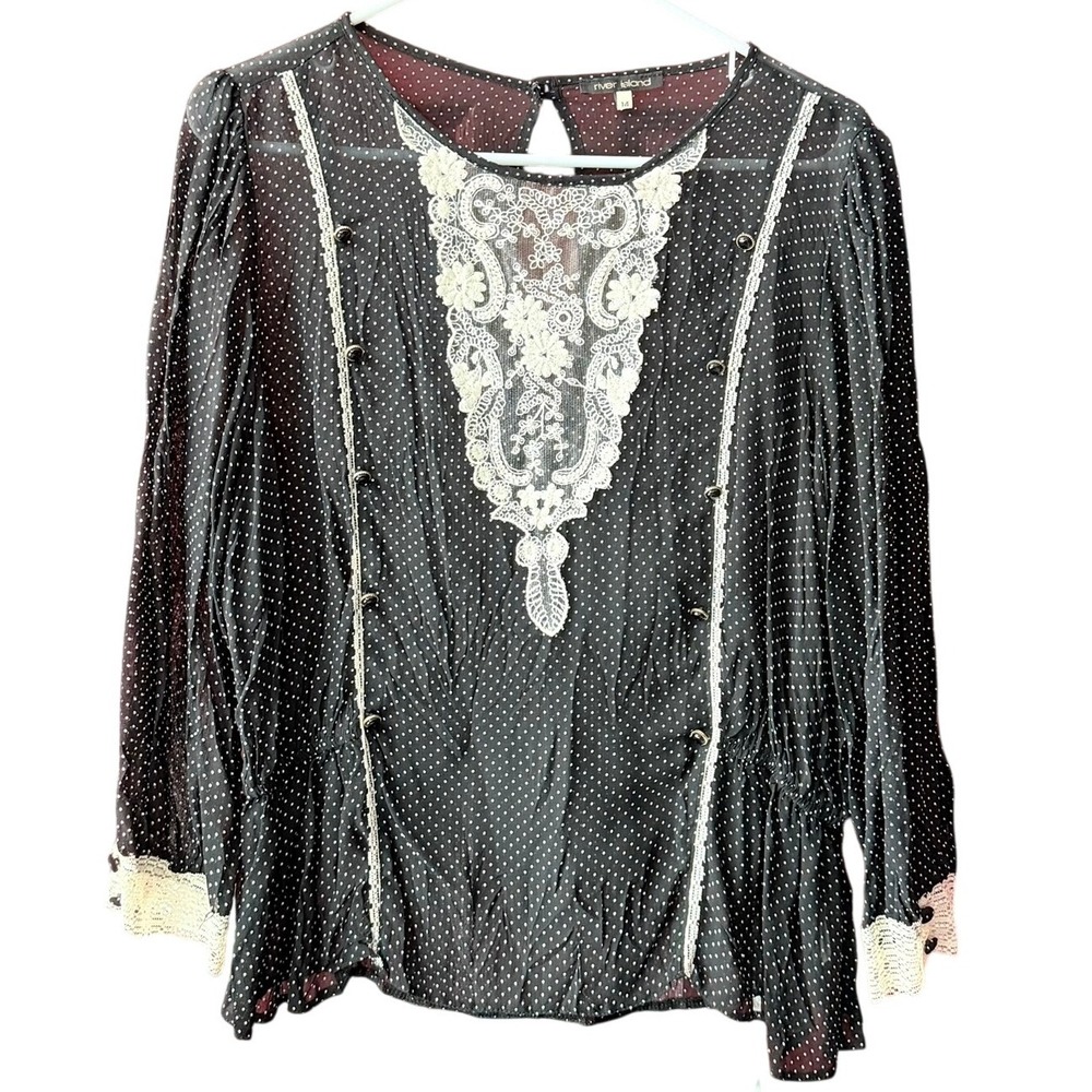 River Island Polka‎ Dot Lace Bib Peplum Blouse Black White UK 14 EUR 40